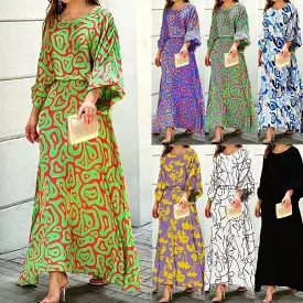 Women Summer Loose Printed Doll Sleeve Long Sleeve Top High Waist Long Skirt Suit S4600002