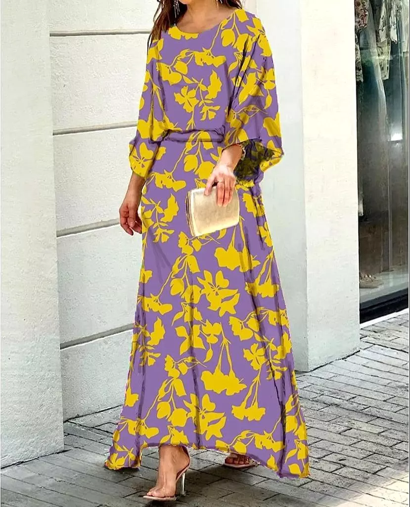 Women Summer Loose Printed Doll Sleeve Long Sleeve Top High Waist Long Skirt Suit S4600002