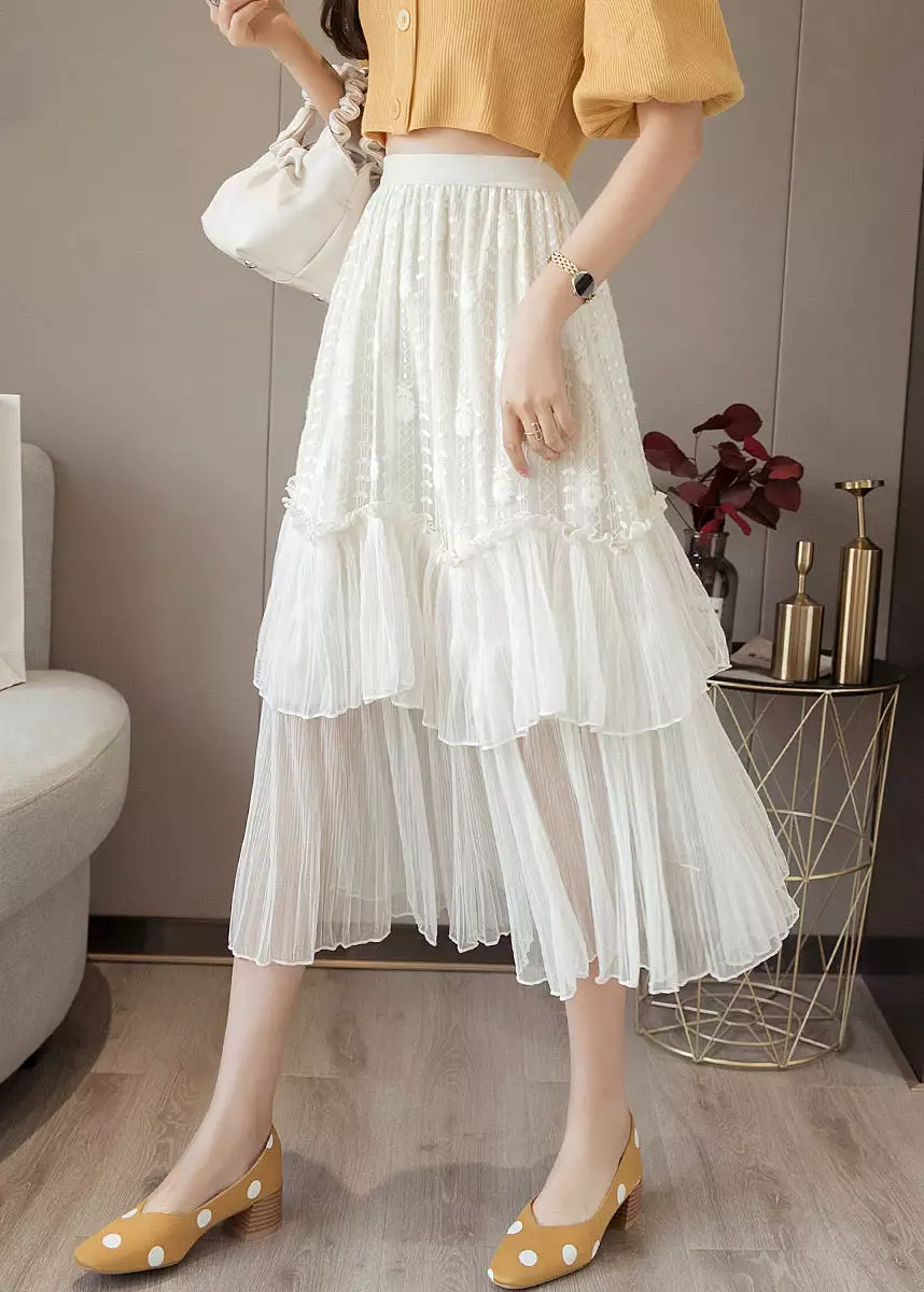 Women White Ruffled High Waist Chiffon Skirt Summer AS1001