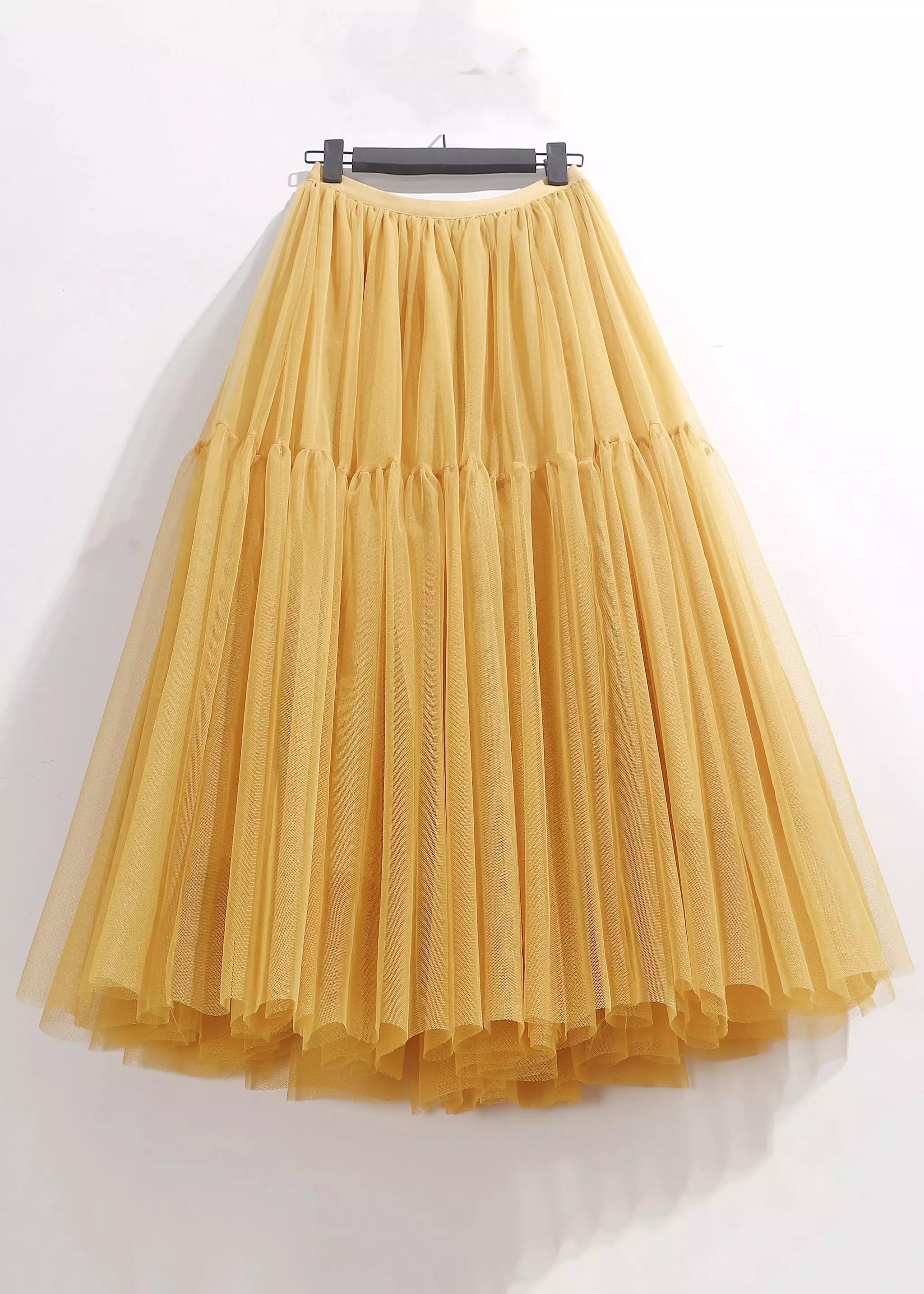 Women Yellow Wrinkled Elastic Waist Tulle Skirt Summer AS1095