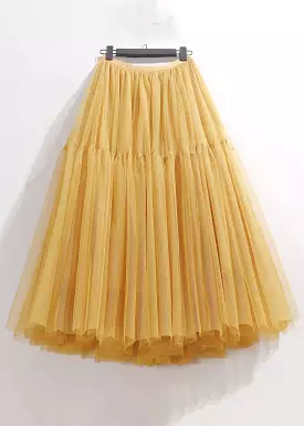 Women Yellow Wrinkled Elastic Waist Tulle Skirt Summer AS1095