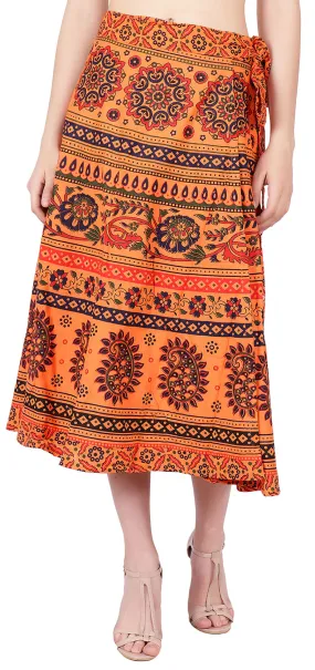 Wrap Around Indian Skirt Cotton Printed Women's India Clothes (Orange, One Size)